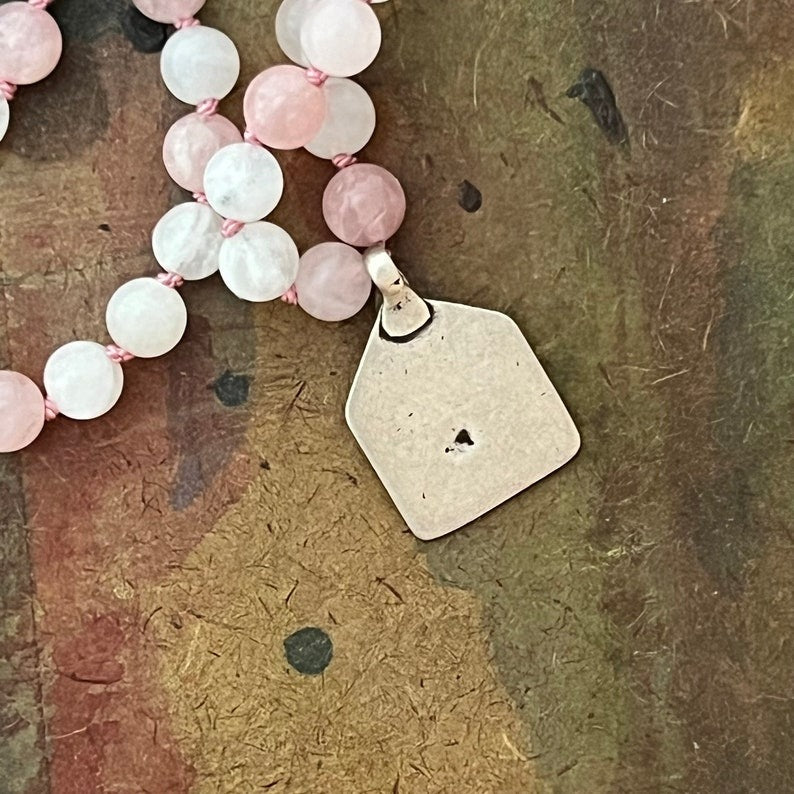 RFB 108 Affirmation Mala with Antique Indian Silver Durga on Moonstone and Rose Quartz