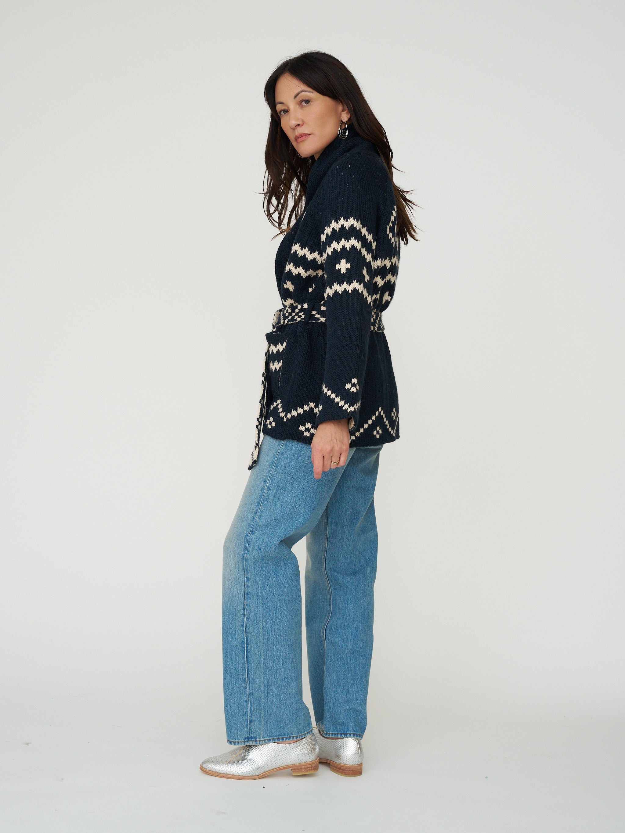 The Great. The Reversible Shepherd Cardigan in Navy & Cream