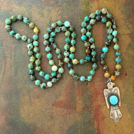 RFB 108 Mala Necklace w Vintage Turquoise and Silver Navajo Thunderbird