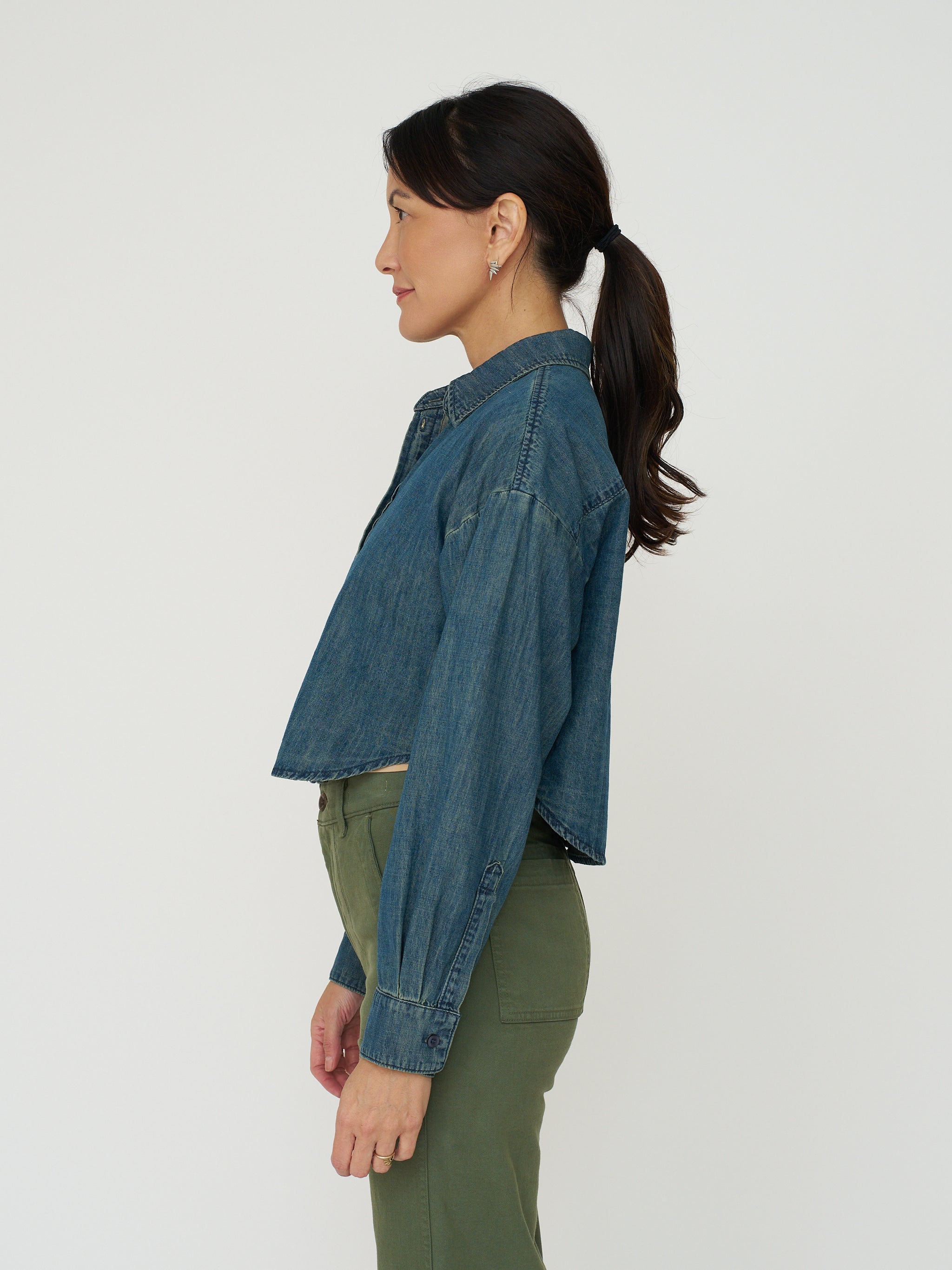 Cropped Denim Button Down - Dark Wash