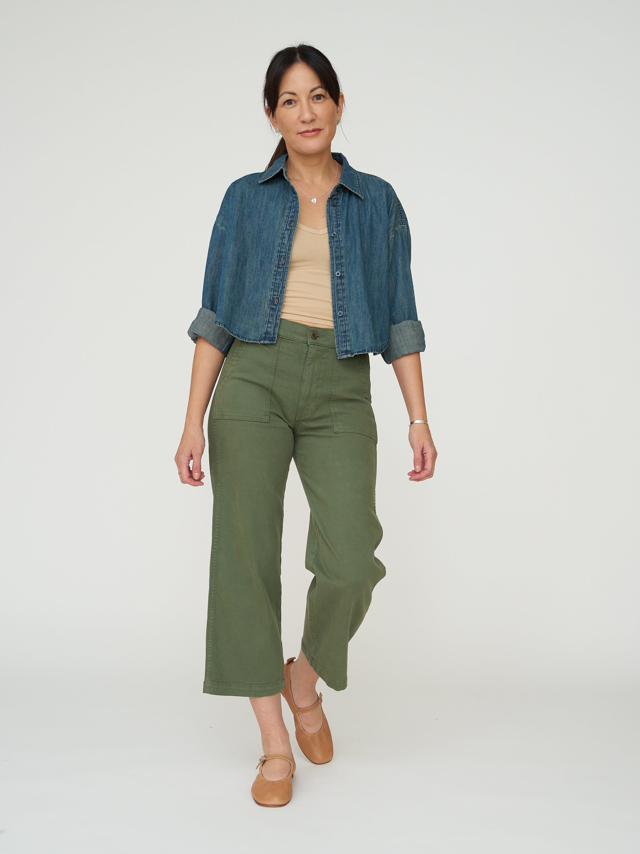 Cropped Denim Button Down - Dark Wash