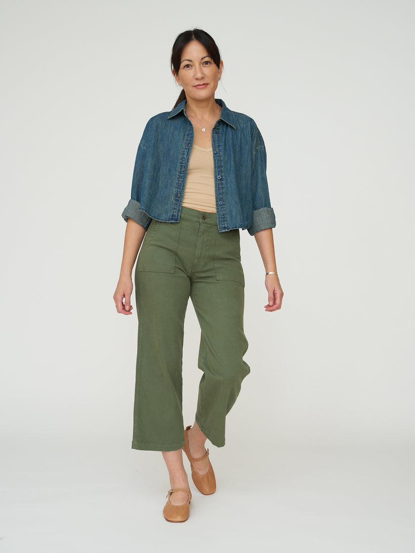 Cropped Denim Button Down - Dark Wash