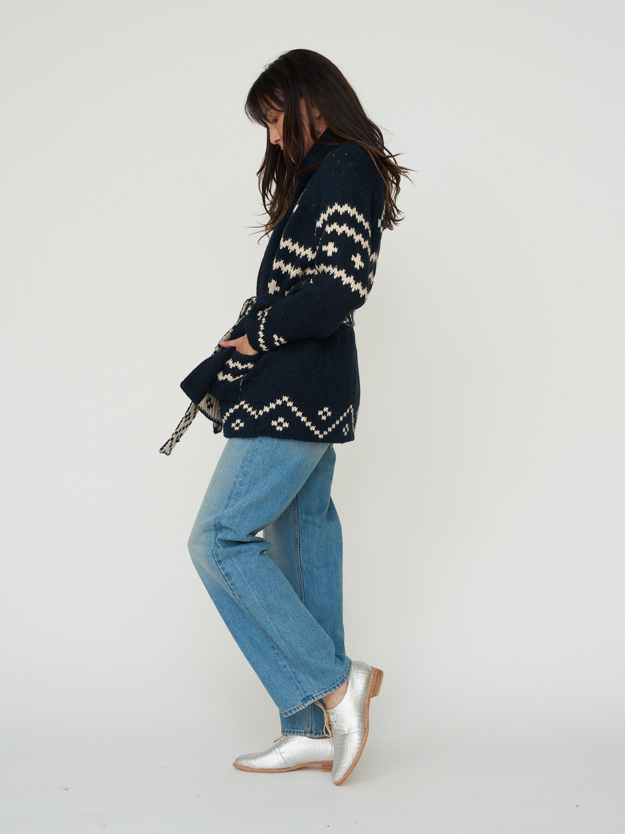 The Great. The Reversible Shepherd Cardigan in Navy & Cream