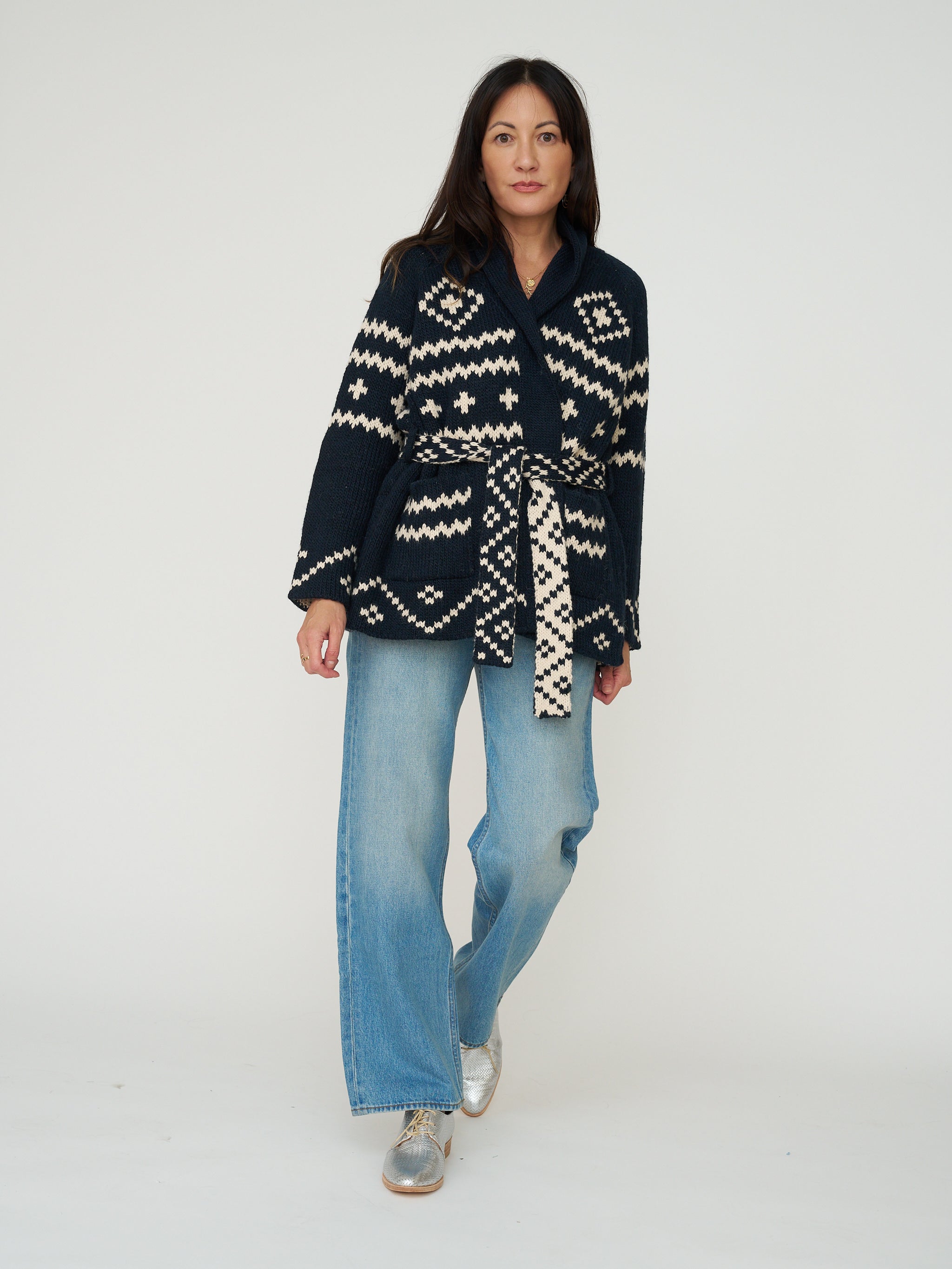 The Great. The Reversible Shepherd Cardigan in Navy & Cream