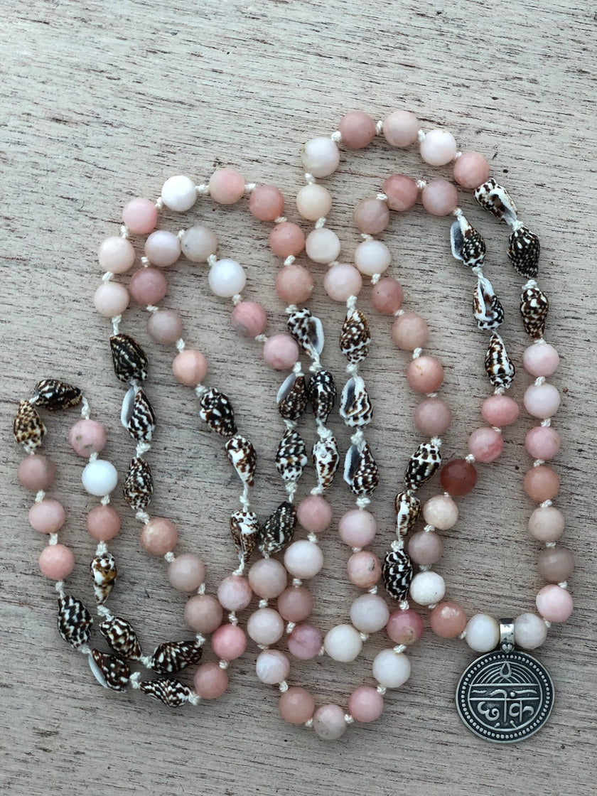RFB 108 Mala Necklace with Sanskrit Charm, Pink Opal and Shells
