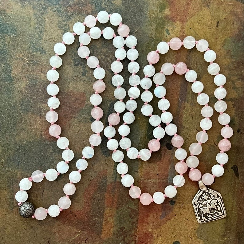 RFB 108 Affirmation Mala with Antique Indian Silver Durga on Moonstone and Rose Quartz