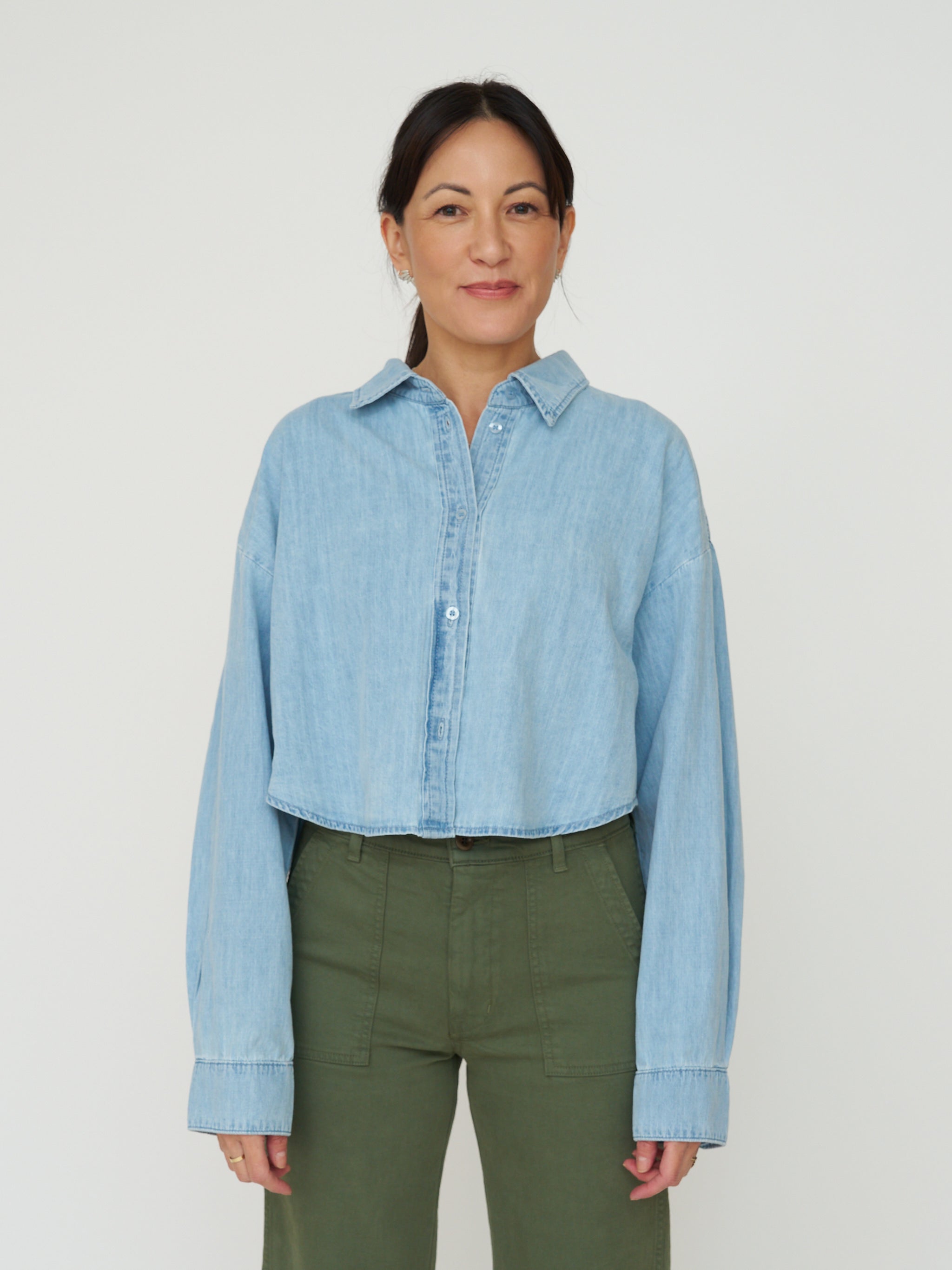 Cropped Denim Button Down - Light Wash