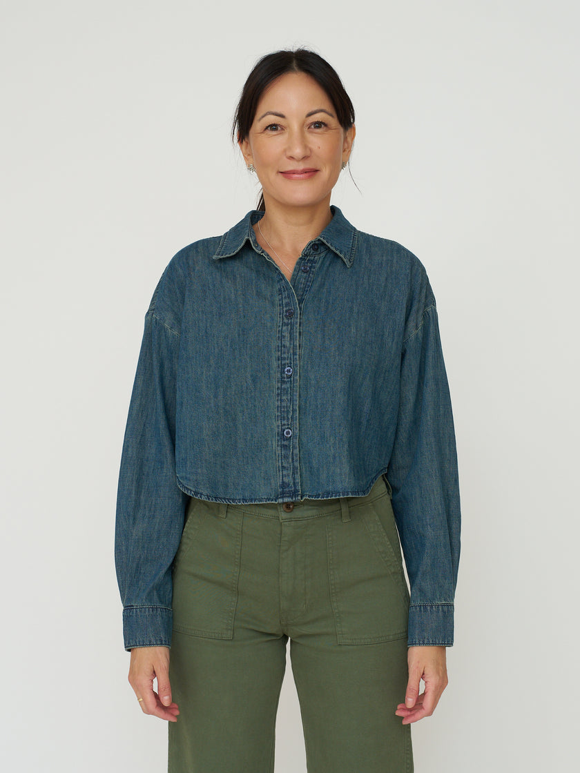Cropped Denim Button Down - Dark Wash