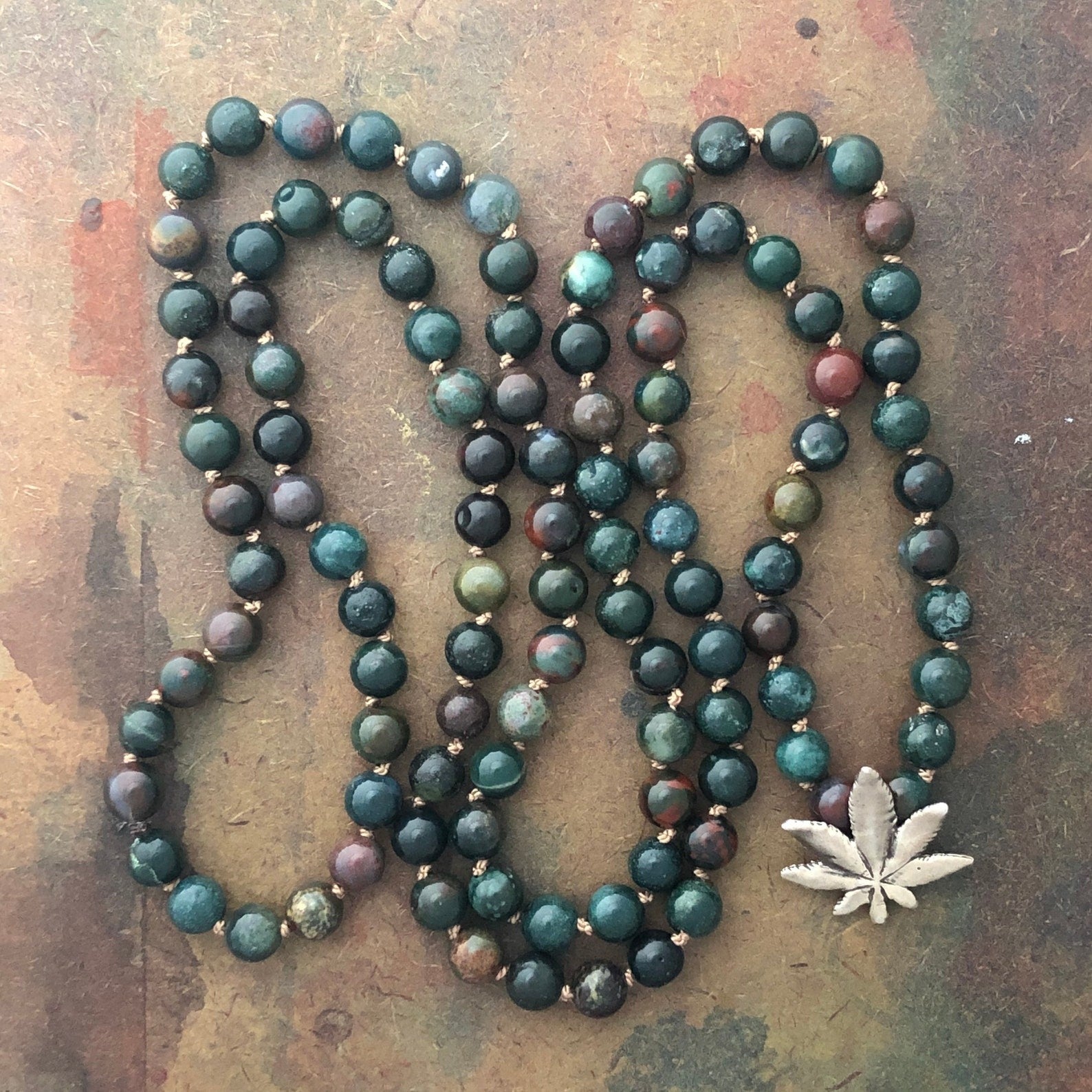 RFB 108 Affirmation Mala with Bloodstone and Silver Cannabis Leaf Charm