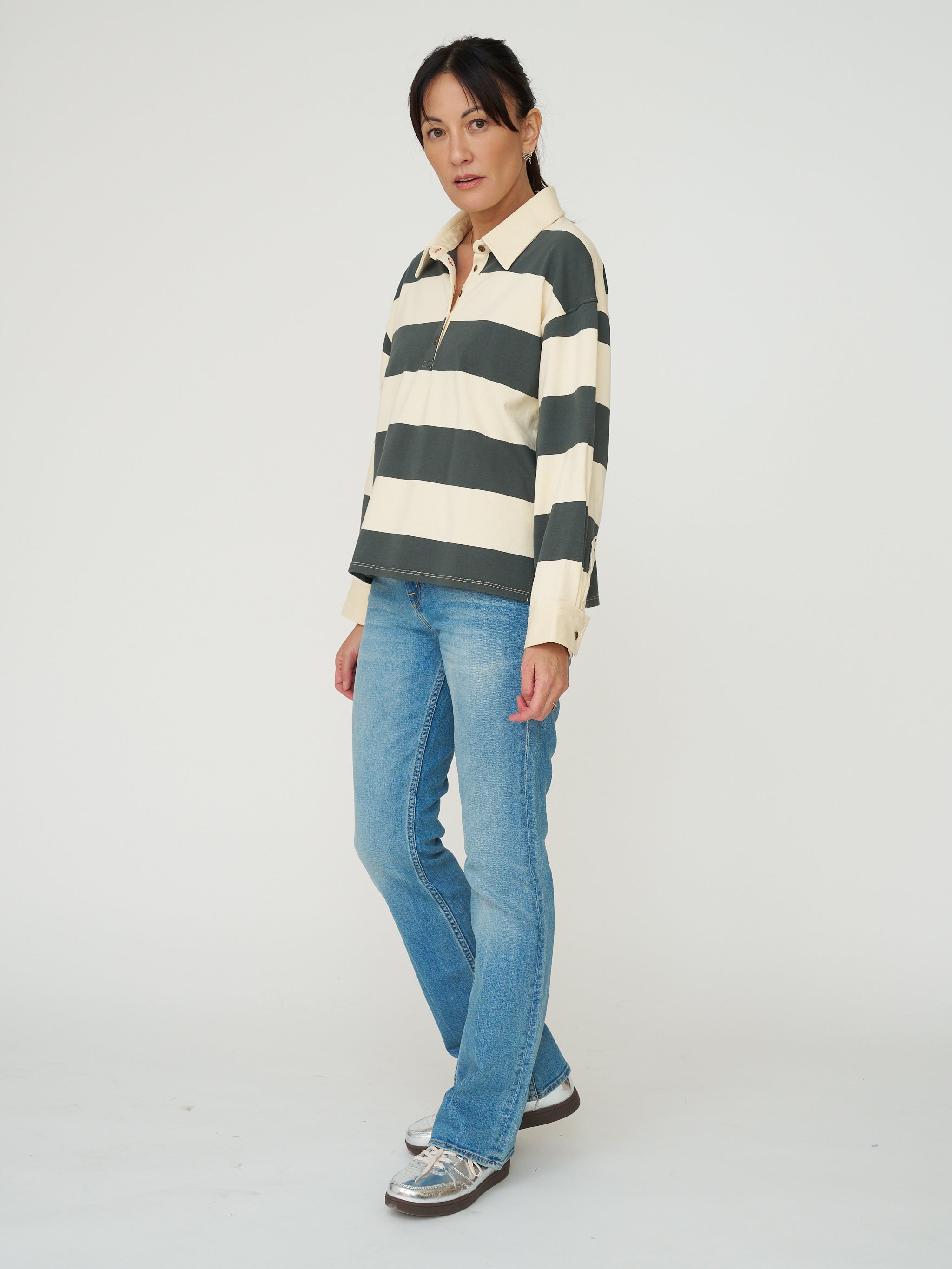 Long Sleeve Rugby Stripe Polo - Olive