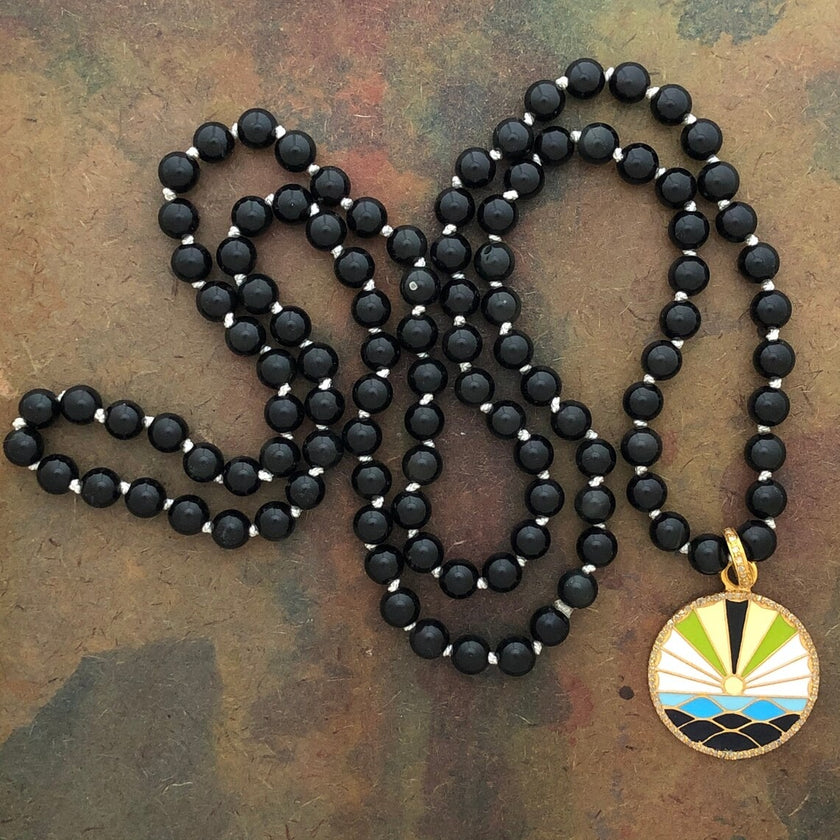 RFB 108 Mala Prayer Bead Necklace with Rainbow Obsidian and Enamel Universe Amulet