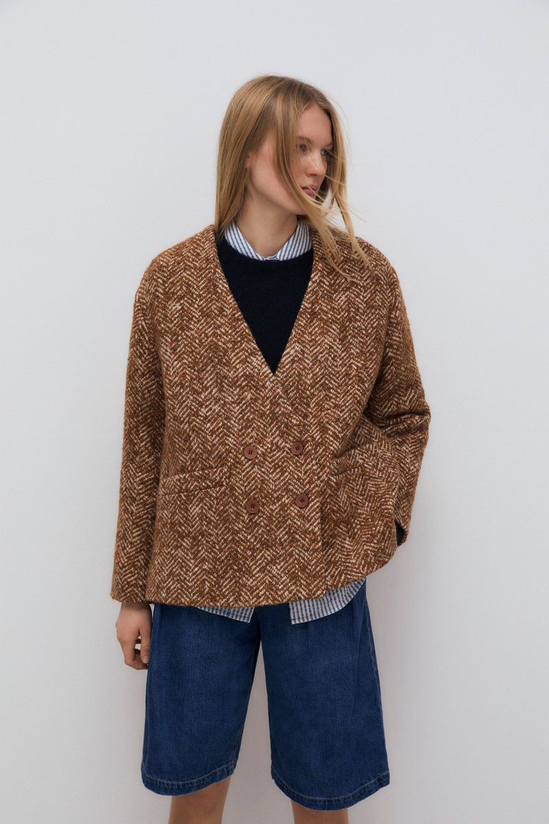 The New Society Wool Blazer in Camel Herringbone