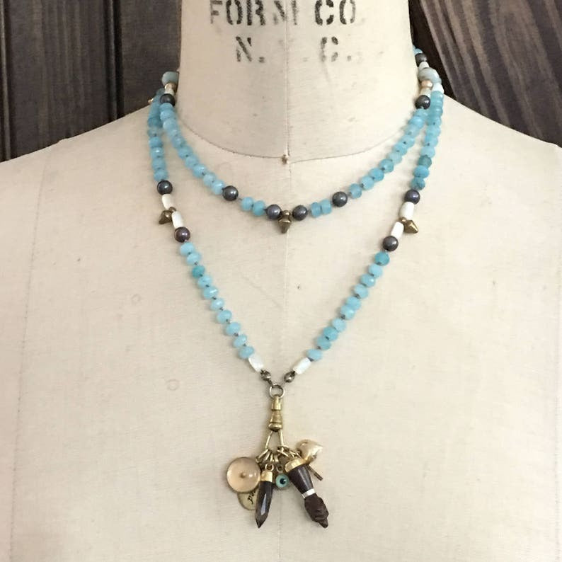 RFB 108 Affirmation Mala with Aquamarine Beads and Good Luck Amulets