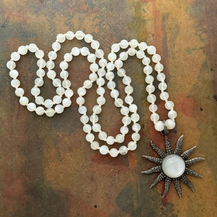 RFB 108 Moonstone Mala w/Sun Moonstone & Diamond Pendant