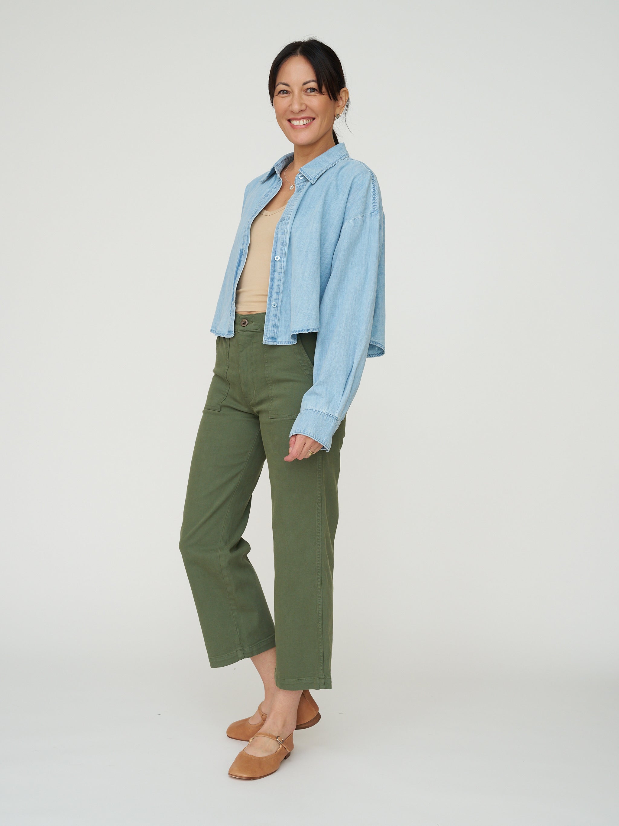 Cropped Denim Button Down - Light Wash