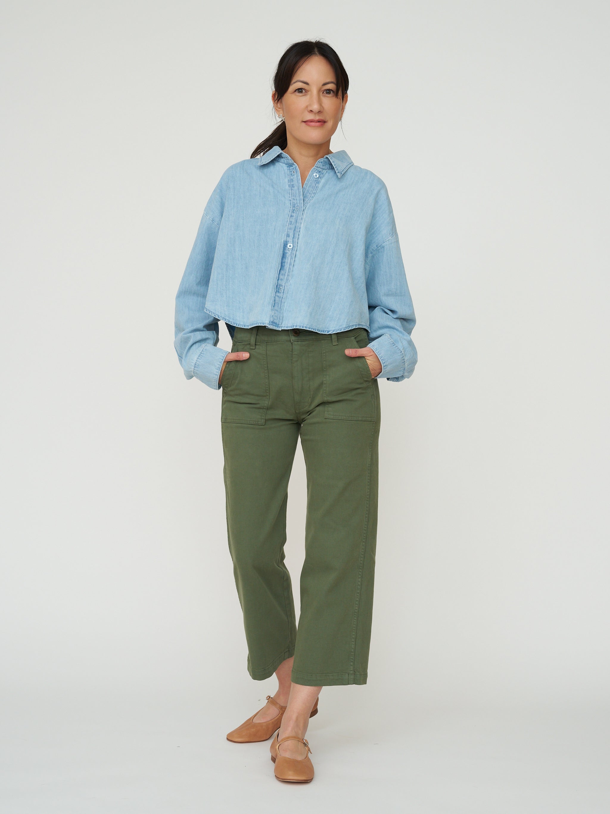 Cropped Denim Button Down - Light Wash