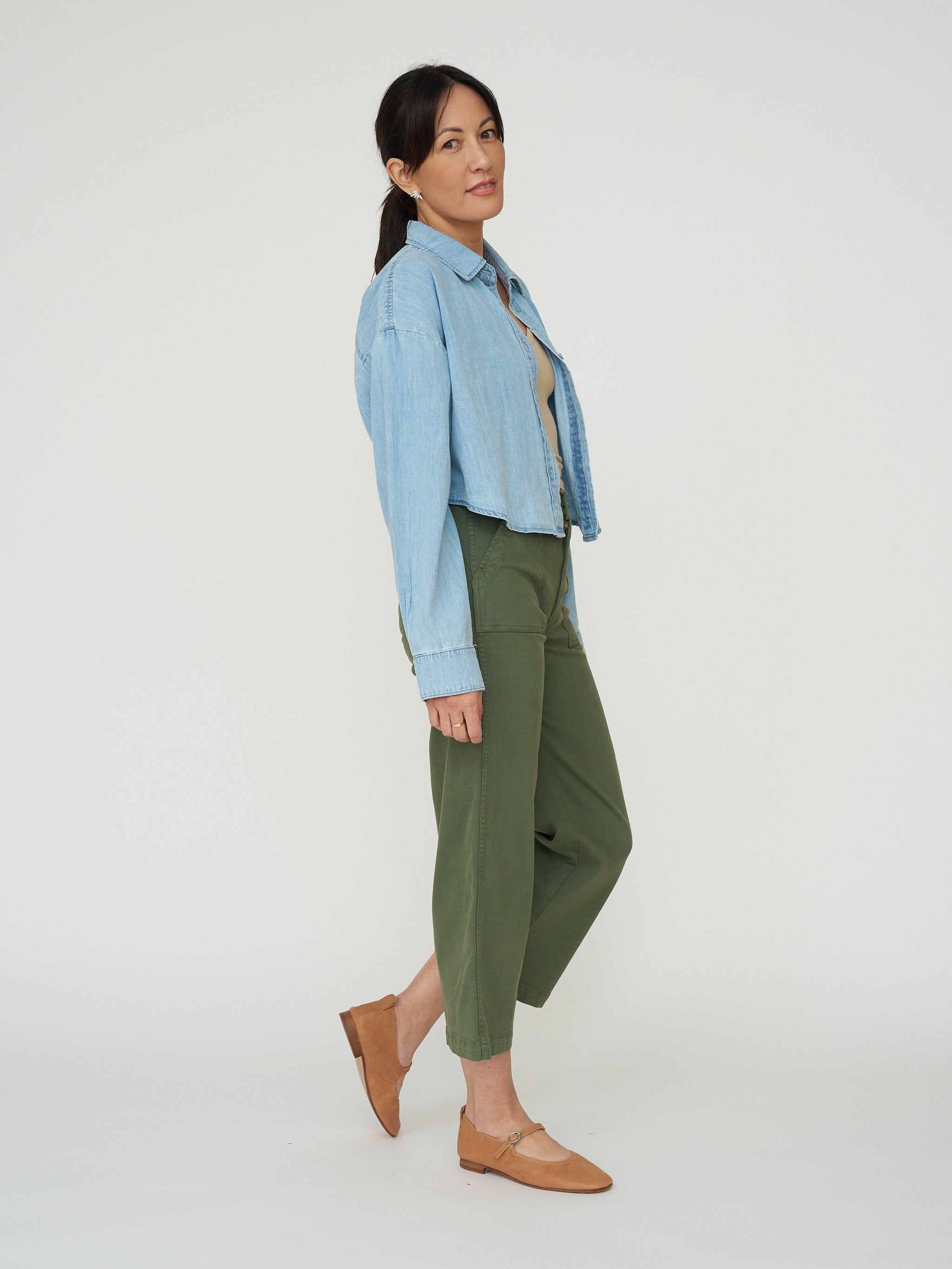 Cropped Denim Button Down - Light Wash