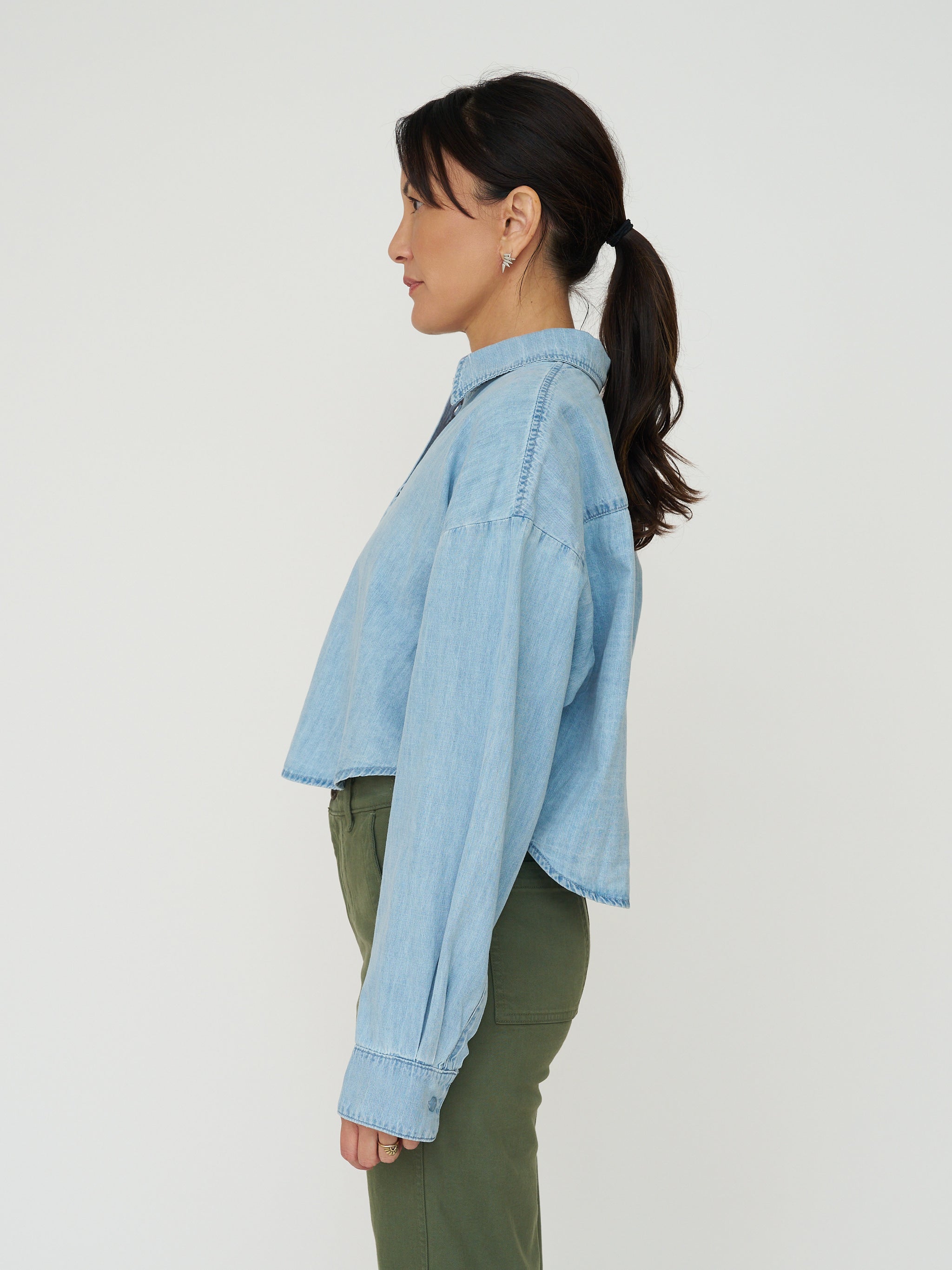 Cropped Denim Button Down - Light Wash