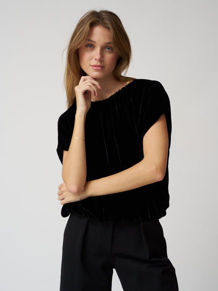 Velvet by G&S Noa Boxy Cropped Top - Black Silk Velvet - XS