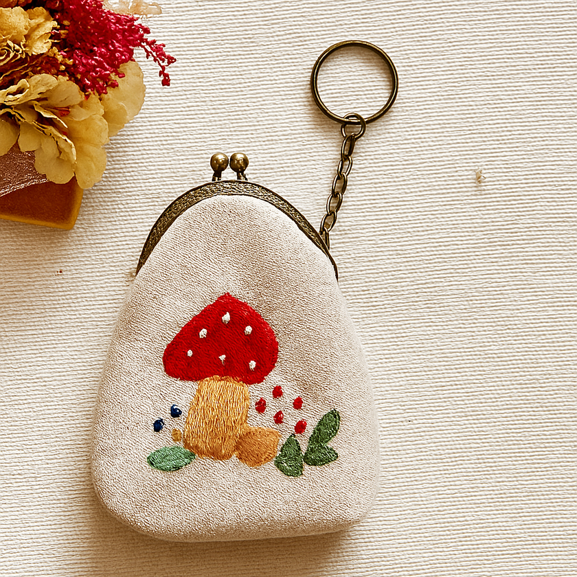 Quince Embroidered Coin Purse Keychain - Mushroom