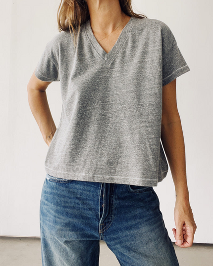 Hey Gang Boxy V-Neck Tee in P.E. Grey